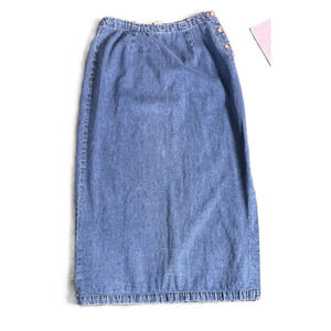 Vintage Eddie Bauer Denim Skirt Size 10 Blue Midi Side Button Detail Classic 90s